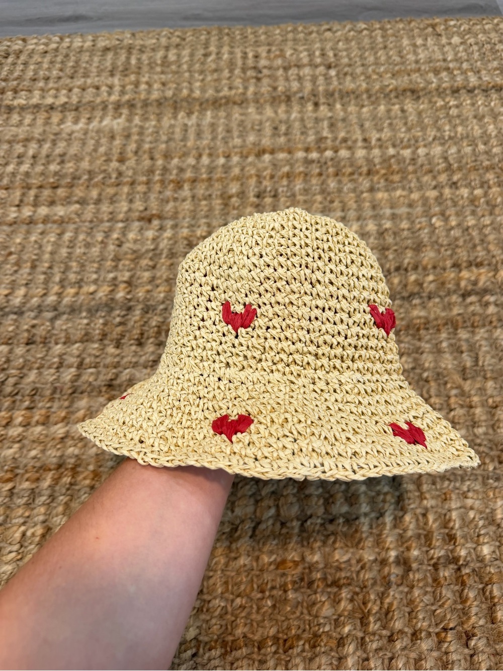 New Urban Outfitters Straw Hat + Red Heart Embroidery